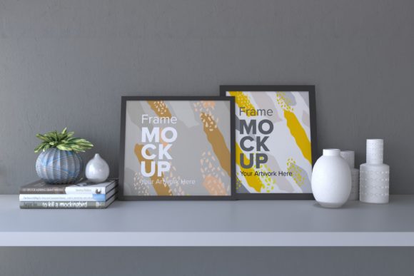 Frames with Decorative Items on a Gray Wall